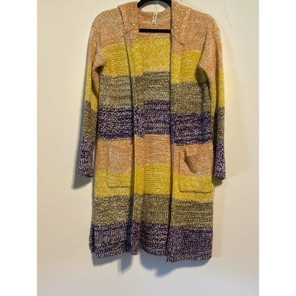 Leshop Sweater Chunky Open Cardigan Hood Hoodie Small Medium Stripes - Picture 1 of 9